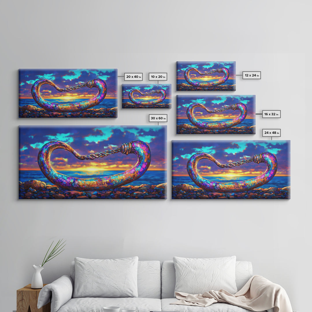 Iridescent Coastal Hook Framed Canvas Print, Nautical Wall Art, Ocean Wall Decor, Beach House Decor, Fisherman Gift, Seascape Art