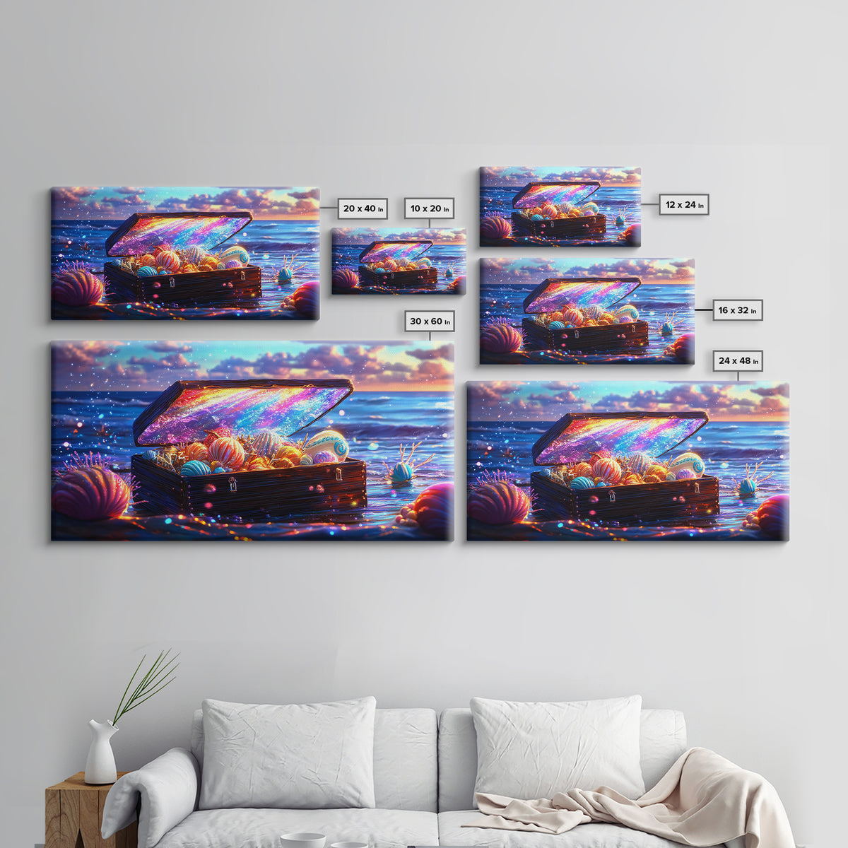Glowing Sea Treasure Chest With Seashells Canvas Print, Coastal Wall Art, Beach House Decor, Ocean Art, Fantasy Gift, Home Decor