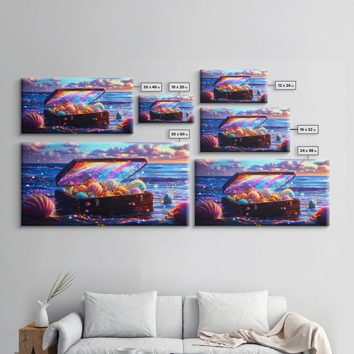 Glowing Sea Treasure Chest With Seashells Canvas Print, Coastal Wall Art, Beach House Decor, Ocean Art, Fantasy Gift, Home Decor