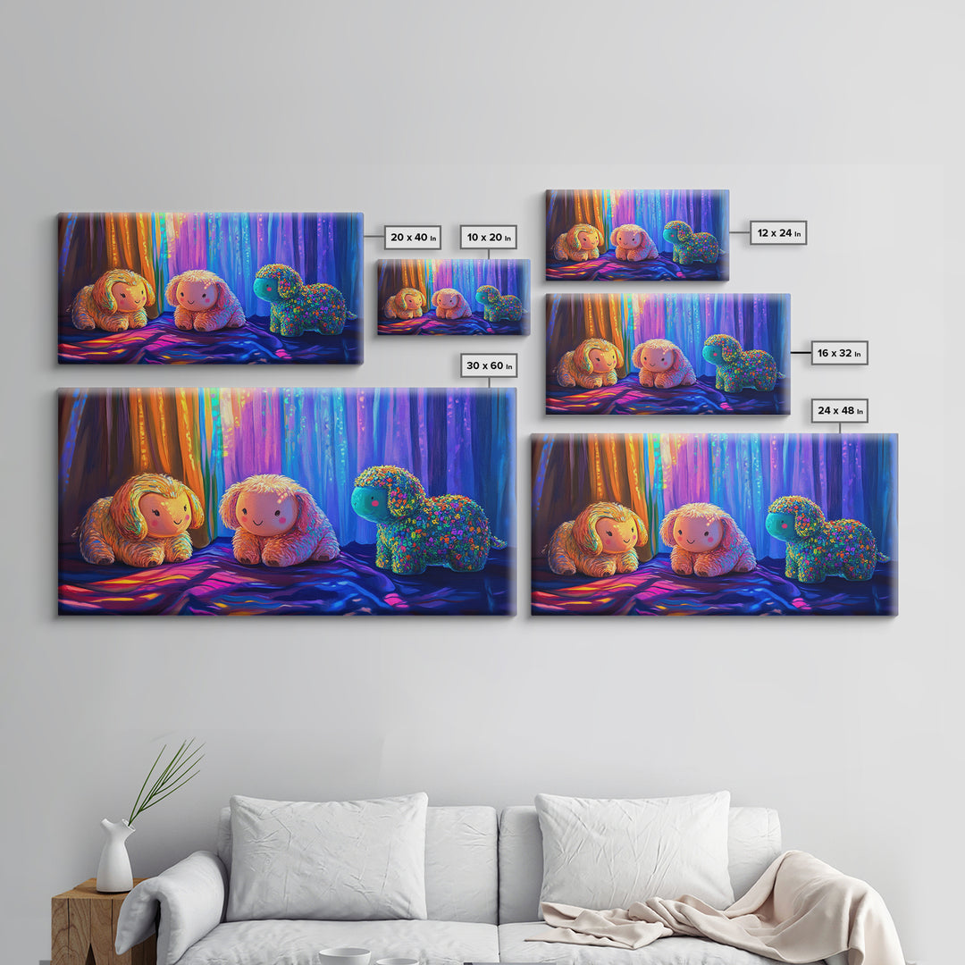 Smiling Plush Animals In Rainbow Curtain Glow Wall Art, Whimsical Animal Art, Nursery Decor, Kids Room Decor, Baby Gift, Cute Art