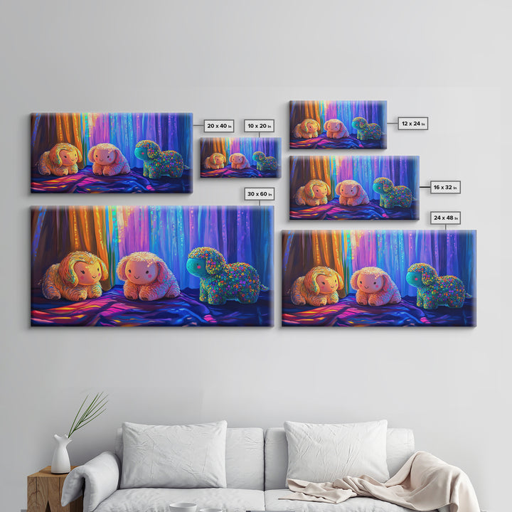 Smiling Plush Animals In Rainbow Curtain Glow Wall Art, Whimsical Animal Art, Nursery Decor, Kids Room Decor, Baby Gift, Cute Art