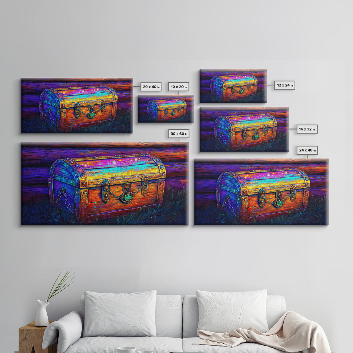 Rainbow Wooden Treasure Chest In Moonlit Grass Canvas Print, Fantasy Art, Whimsical Decor, Rustic Wall Art, Unique Gift, Home Decor