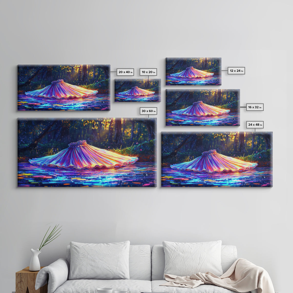 Iridescent Pleated Dress Floating In Forest Stream Wall Art, Fantasy Art, Whimsical Decor, Nature Wall Art, Statement Art