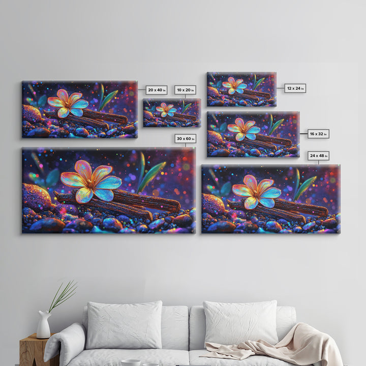 Glowing Flower On Driftwood Pebbles Framed Canvas Print, Nature Wall Art, Whimsical Decor, Botanical Art, Unique Gift, Home Decor