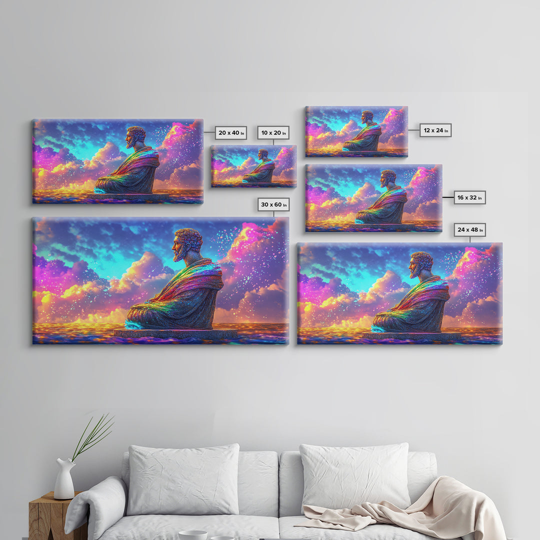 Rainbow Buddha Statue At Ocean Sunset Wall Art, Meditation Room Decor, Spiritual Wall Art, Yoga Studio Decor, Zen Home Decor