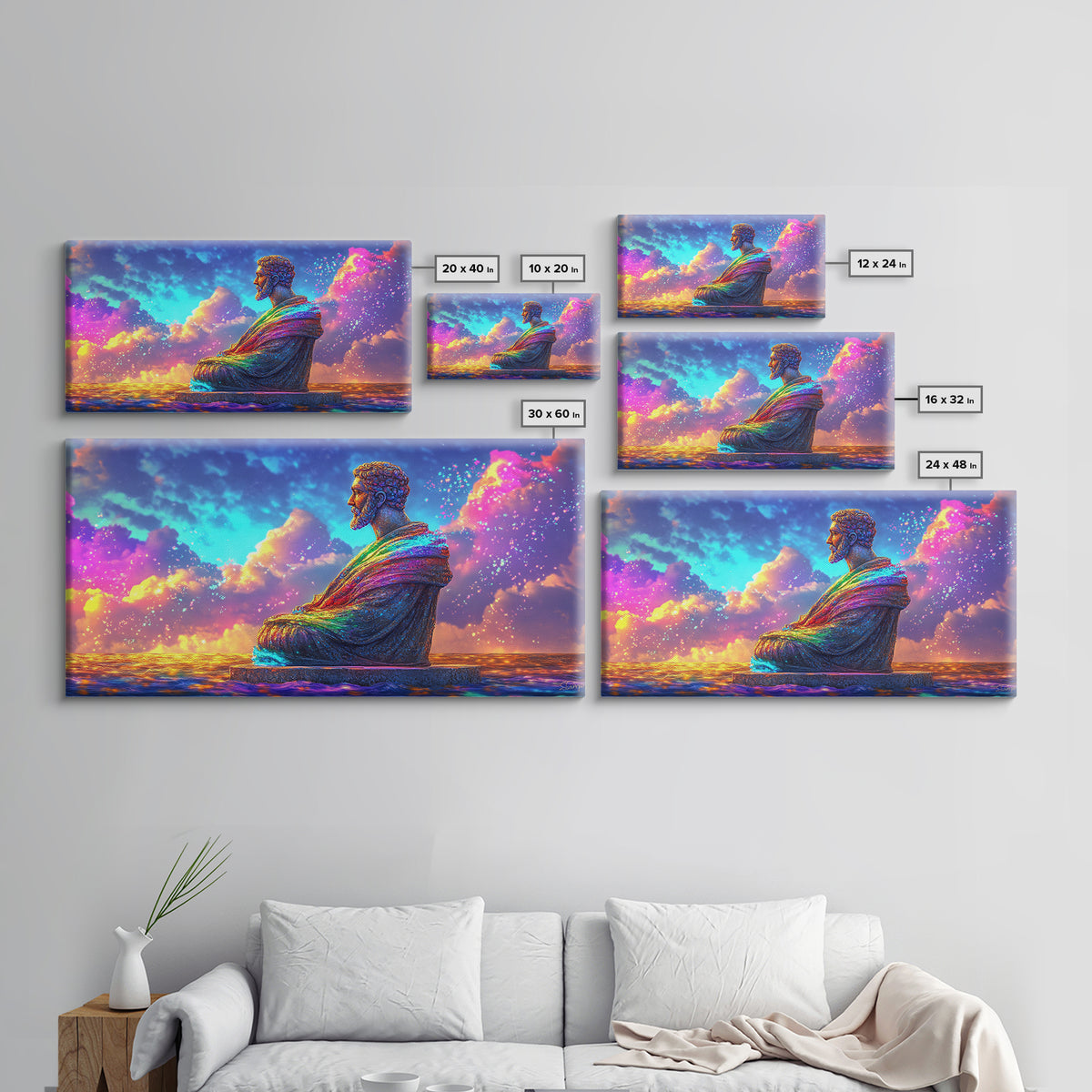 Rainbow Buddha Statue At Ocean Sunset Wall Art, Meditation Room Decor, Spiritual Wall Art, Yoga Studio Decor, Zen Home Decor