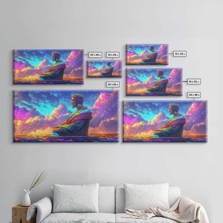 Rainbow Buddha Statue At Ocean Sunset Wall Art, Meditation Room Decor, Spiritual Wall Art, Yoga Studio Decor, Zen Home Decor