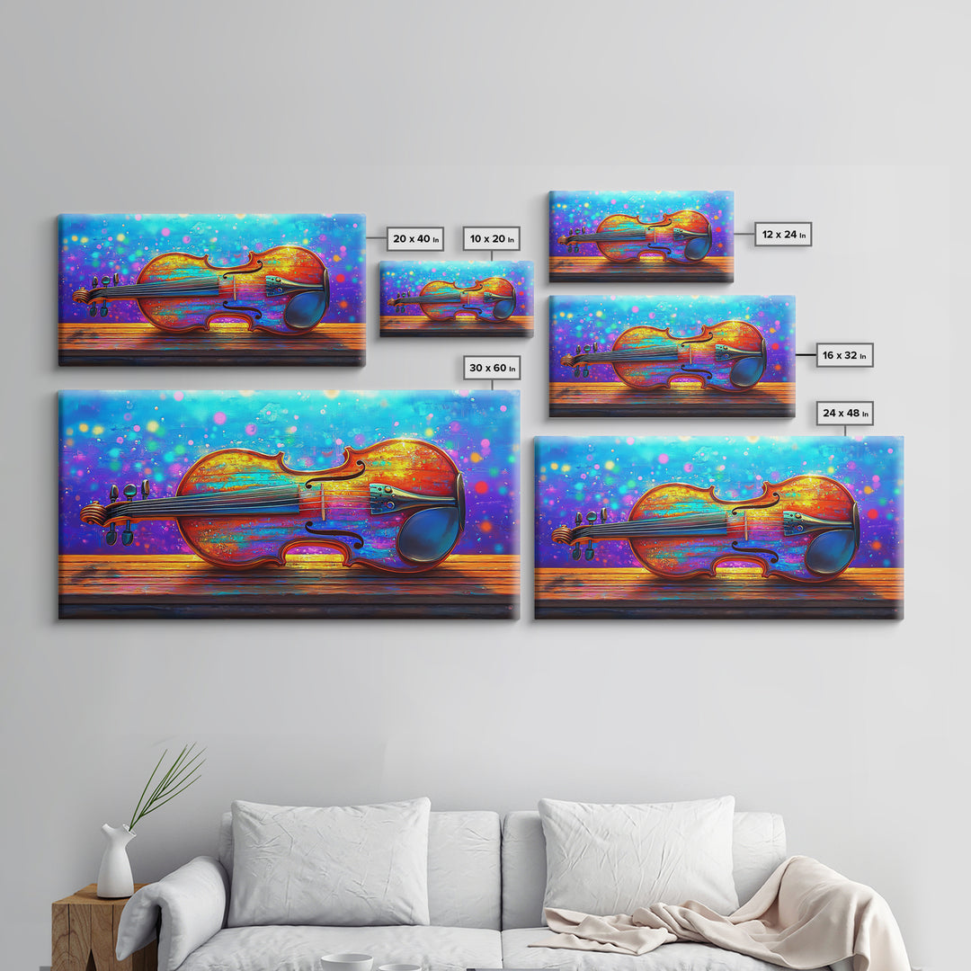 Rainbow Violin Still Life Canvas Print, Music Room Wall Art, Colorful Instrument Painting, Music Lover Gift, Studio Decor