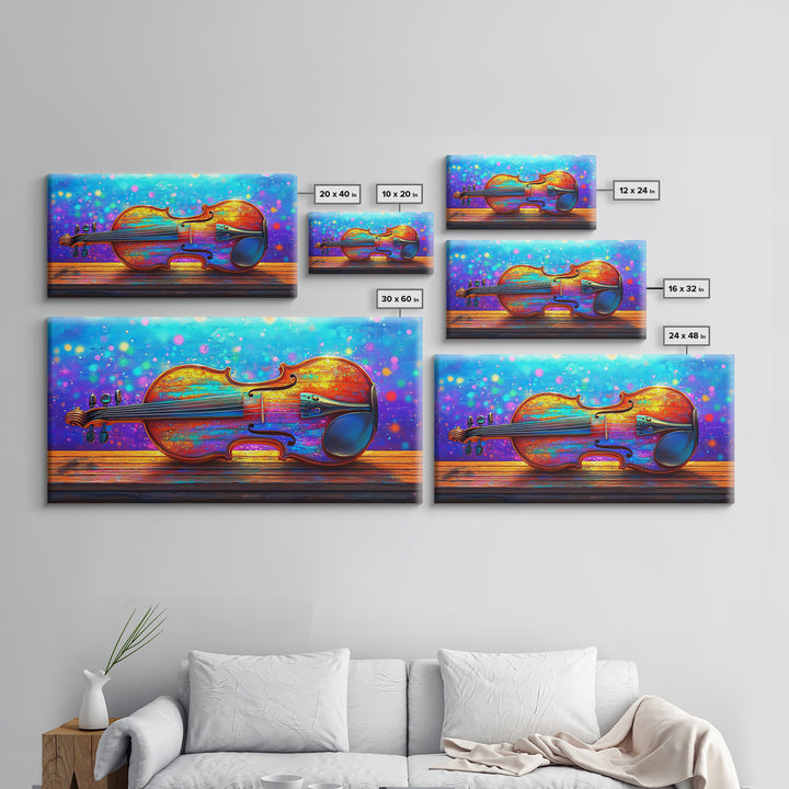 Rainbow Violin Still Life Canvas Print, Music Room Wall Art, Colorful Instrument Painting, Music Lover Gift, Studio Decor