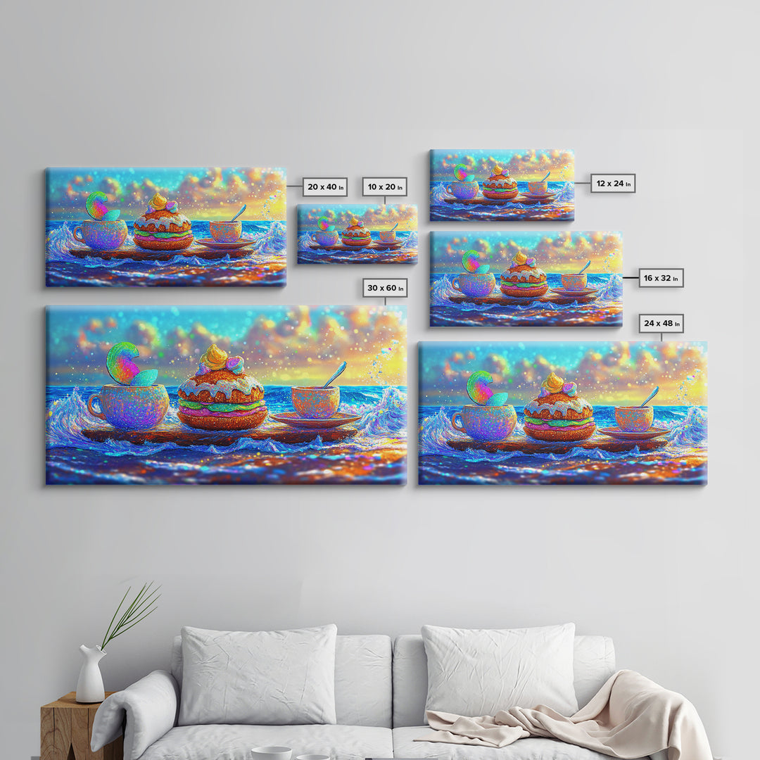 Whimsical Ocean Tea Cup And Macaron Canvas Print, Bakery Wall Art, Coastal Kitchen Decor, Dessert Art Gift For Her, Cafe Wall Decor