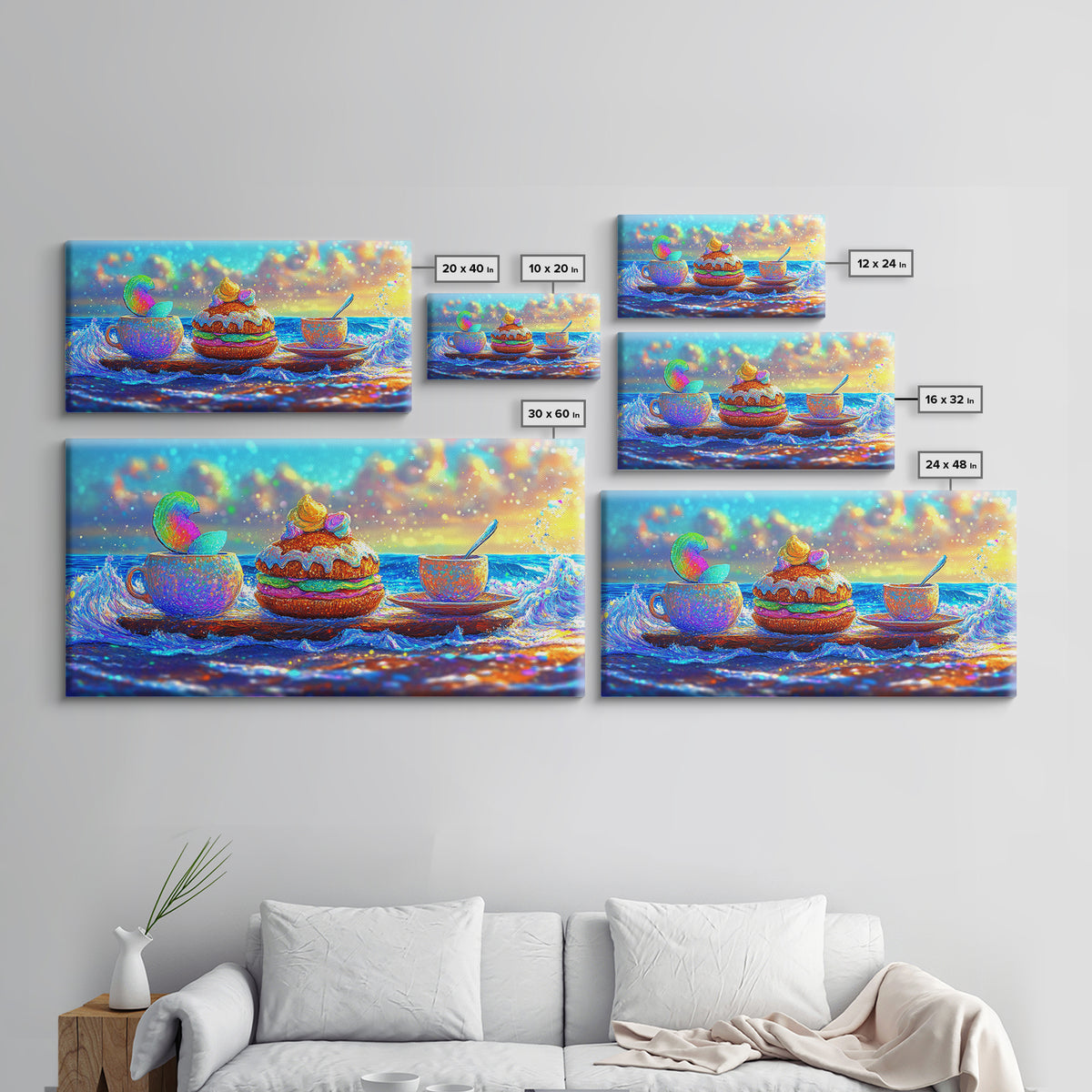 Whimsical Ocean Tea Cup And Macaron Canvas Print, Bakery Wall Art, Coastal Kitchen Decor, Dessert Art Gift For Her, Cafe Wall Decor