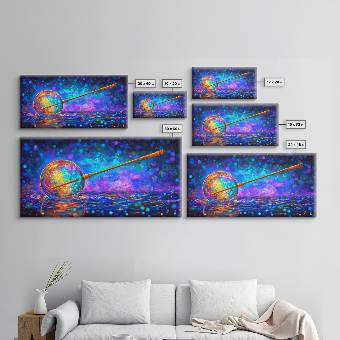 Glowing Cosmic Orb And Golden Wand Canvas Print, Mystical Celestial Wall Art, Modern Fantasy Home Decor, Witchy Gift For Her