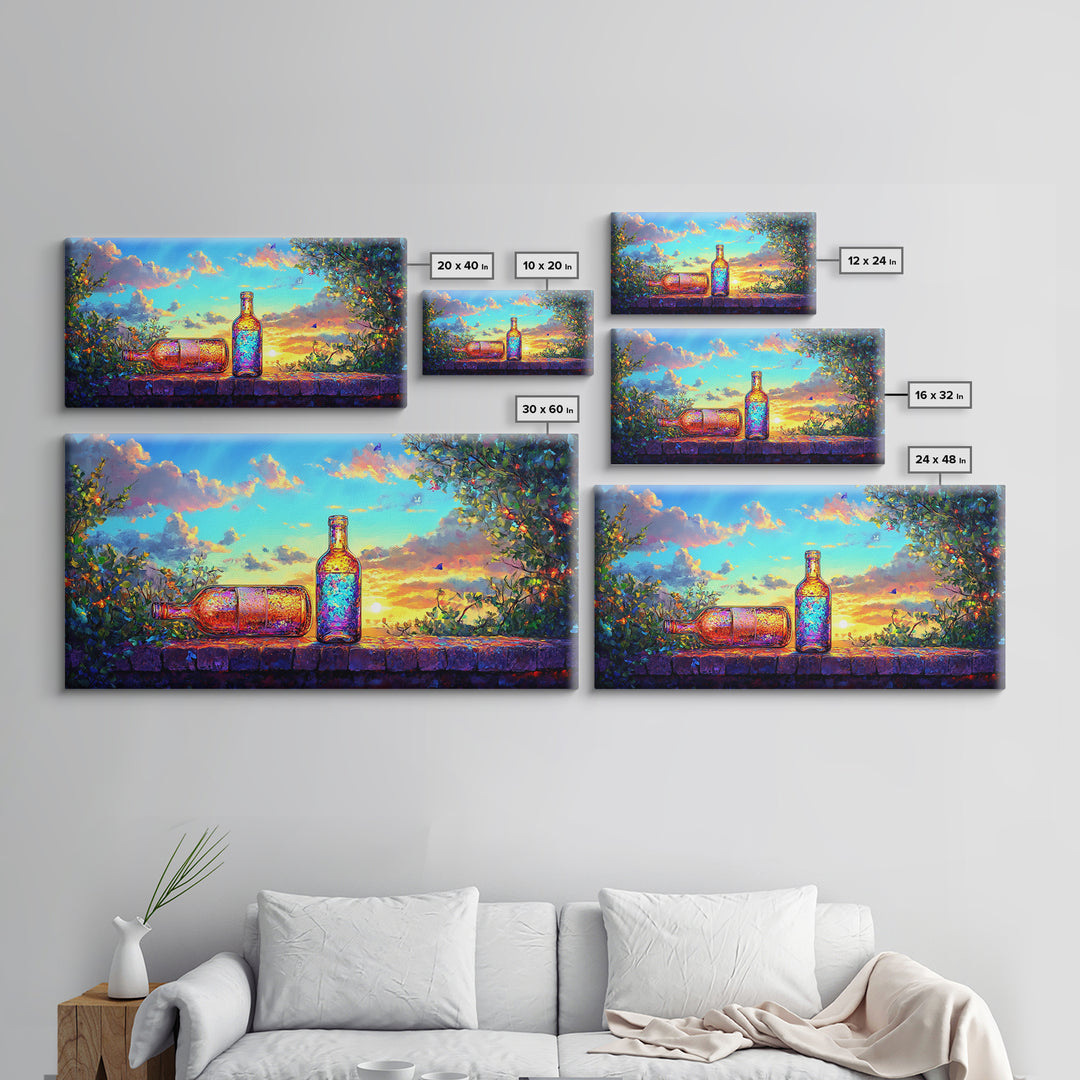 Sunset Garden Bottles On Stone Wall Framed Canvas Print, Colorful Wine Wall Art, Rustic Kitchen Decor, Housewarming Gift