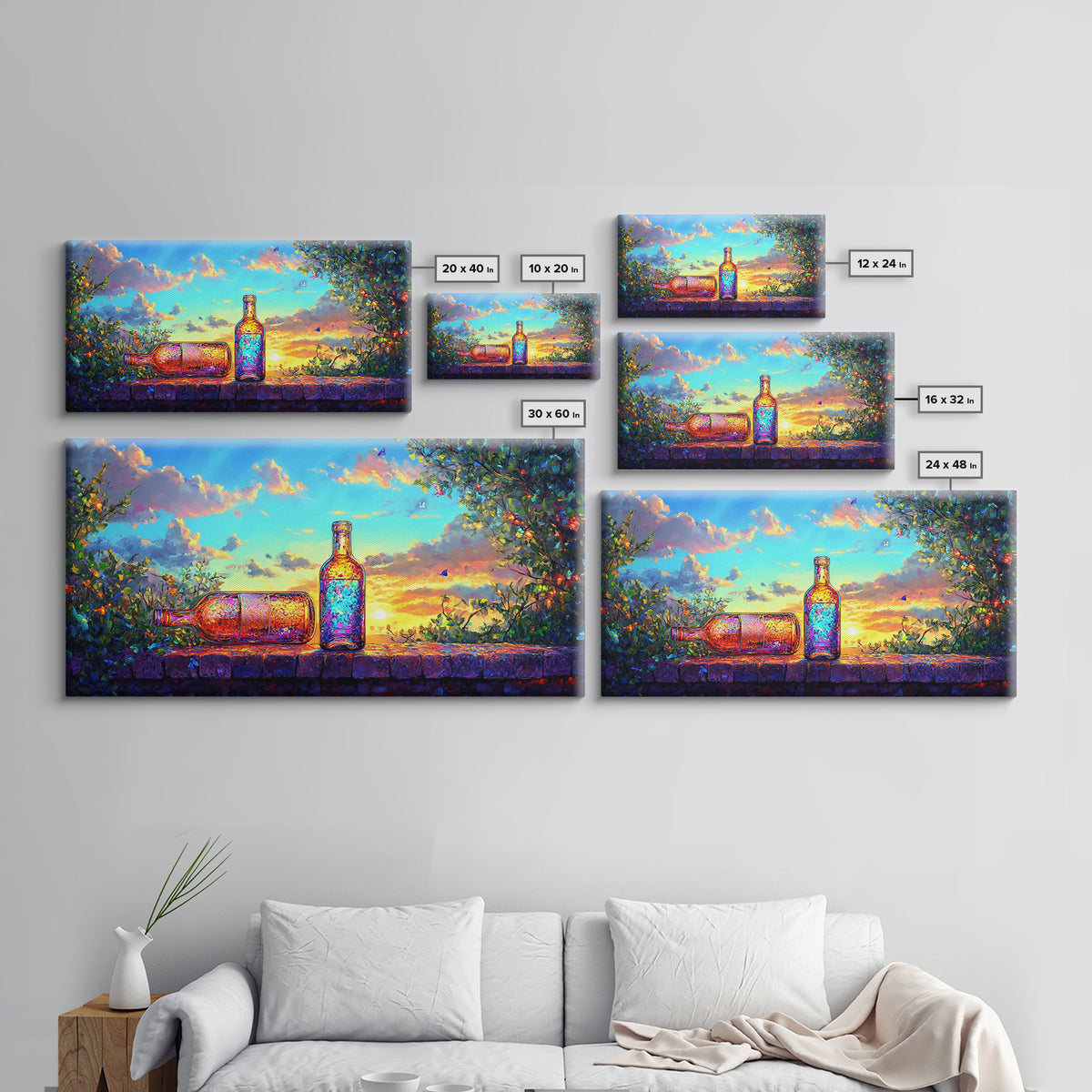 Sunset Garden Bottles On Stone Wall Framed Canvas Print, Colorful Wine Wall Art, Rustic Kitchen Decor, Housewarming Gift