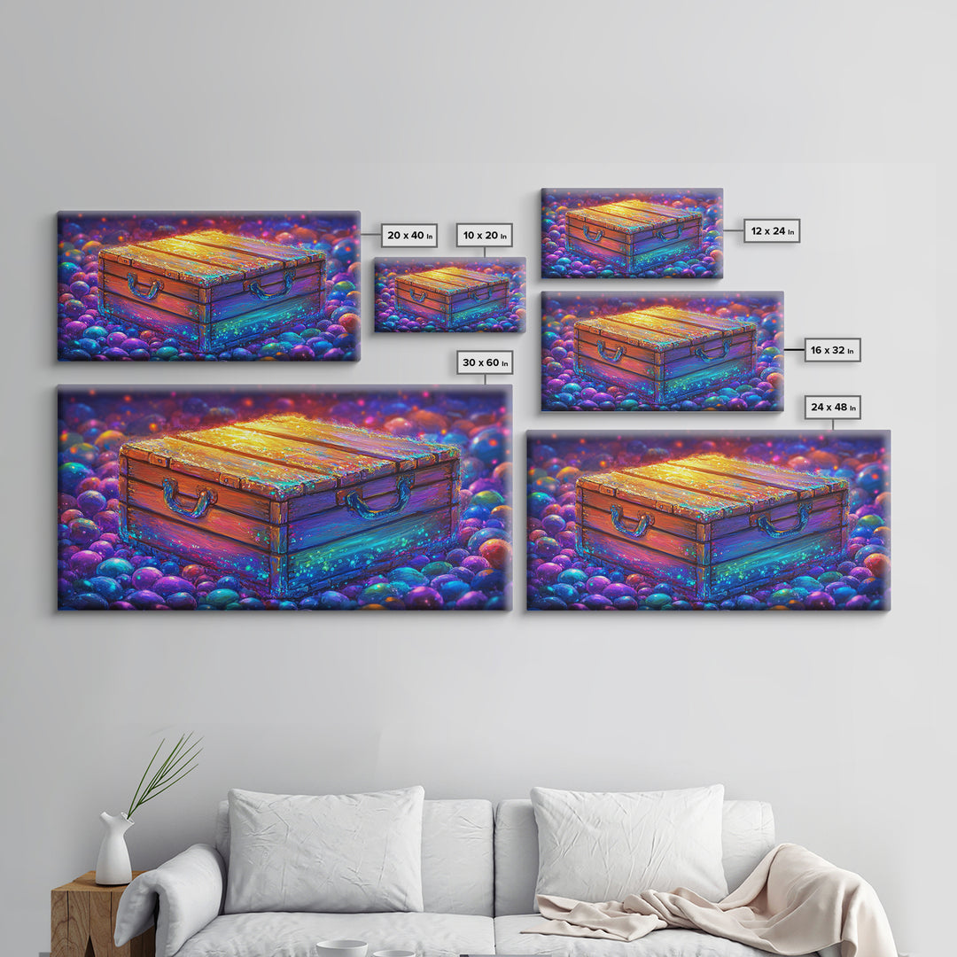 Glowing Wooden Treasure Chest Canvas Print, Whimsical Fantasy Wall Art, Colorful Rustic Home Decor, Unique Housewarming Gift