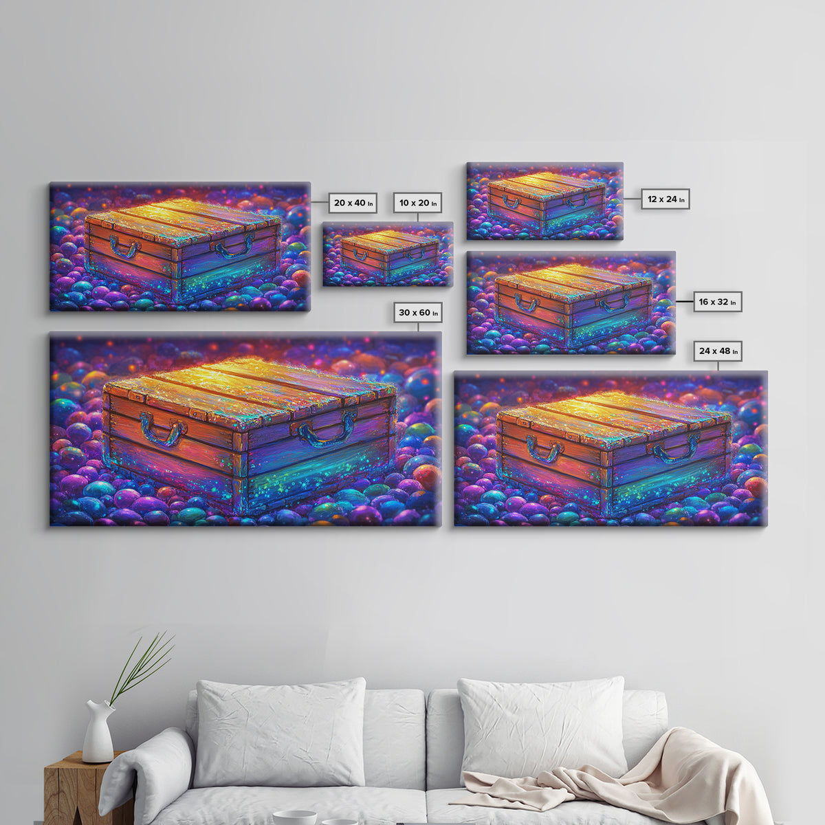 Glowing Wooden Treasure Chest Canvas Print, Whimsical Fantasy Wall Art, Colorful Rustic Home Decor, Unique Housewarming Gift