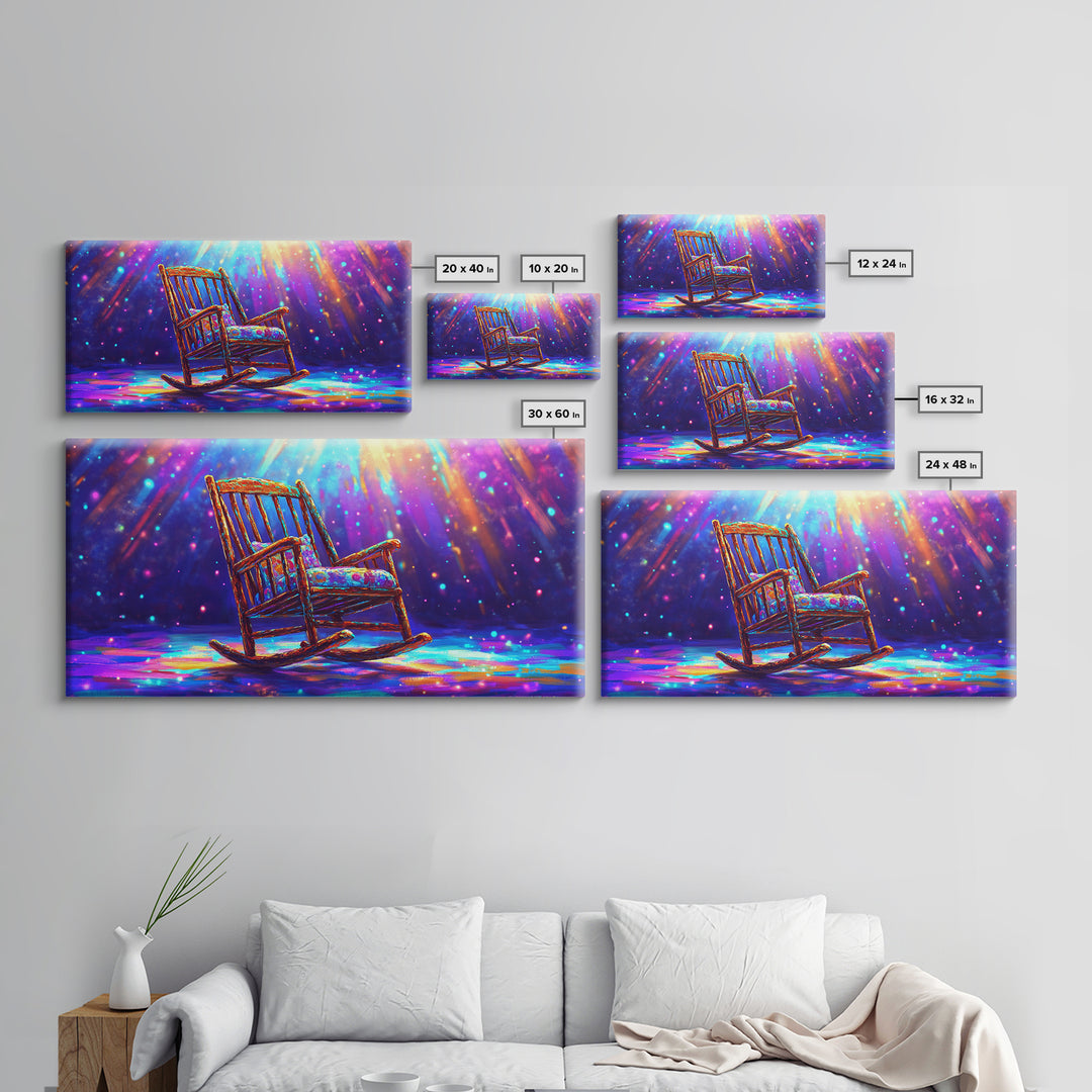 Rainbow Rocking Chair Under Spotlight Framed Canvas Print, Cozy Living Room Wall Art, Whimsical Home Decor, Housewarming Gift