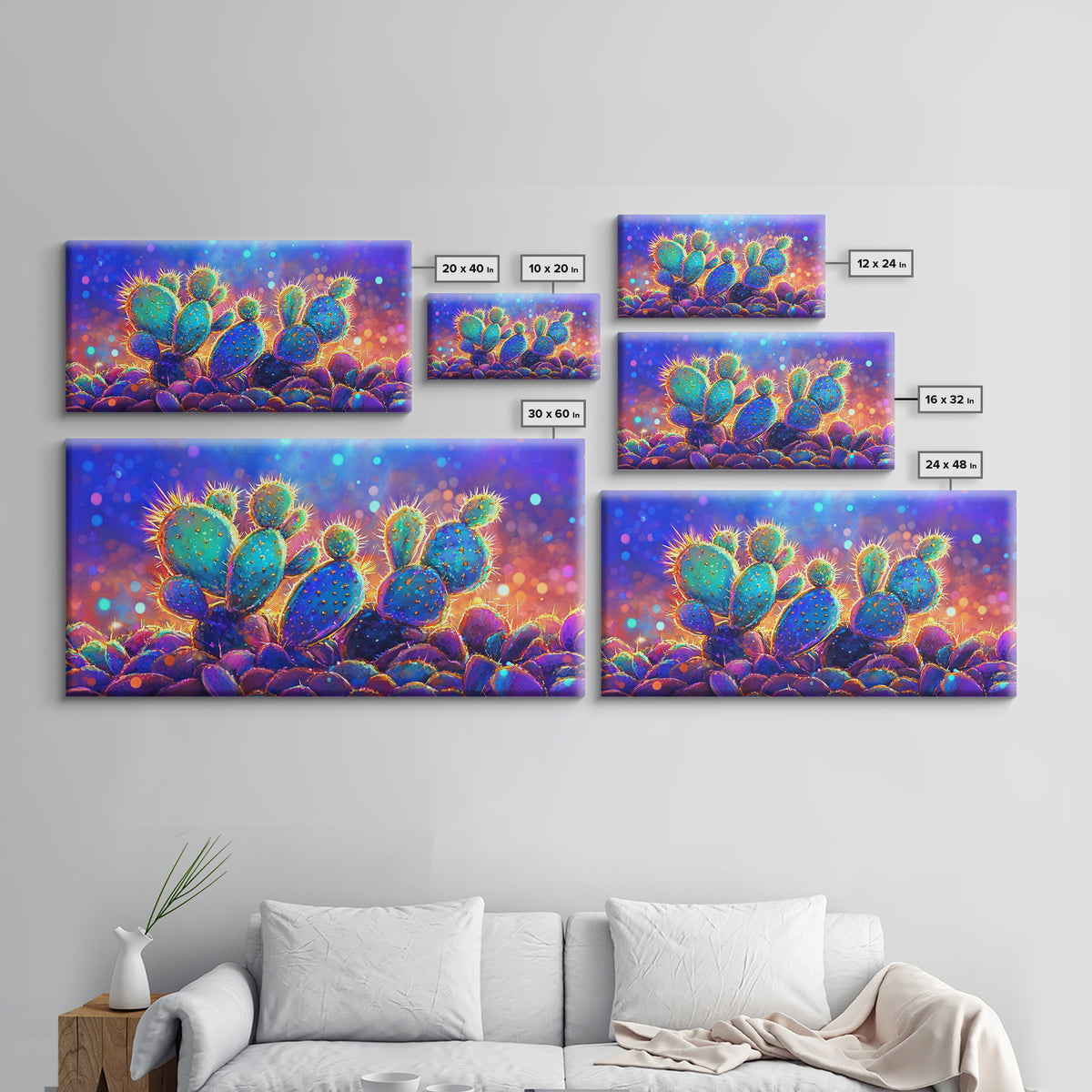 Glowing Prickly Pear Cactus At Twilight Wall Art, Vibrant Desert Canvas, Colorful Southwestern Decor, Boho Living Room Print
