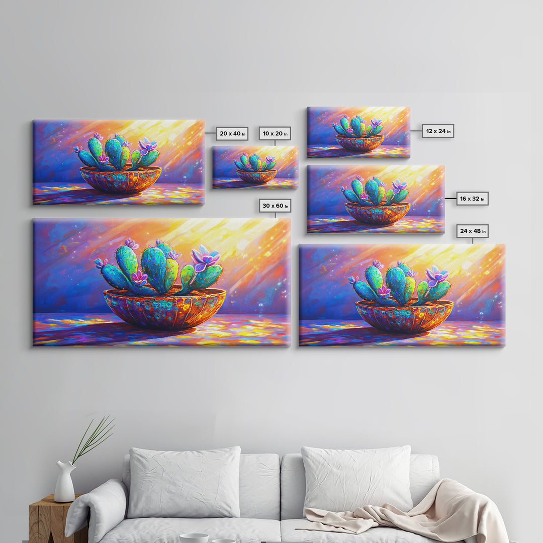 Sunlit Blooming Cactus In Rustic Bowl Canvas Print, Colorful Desert Botanical Art, Southwestern Kitchen And Living Room Decor