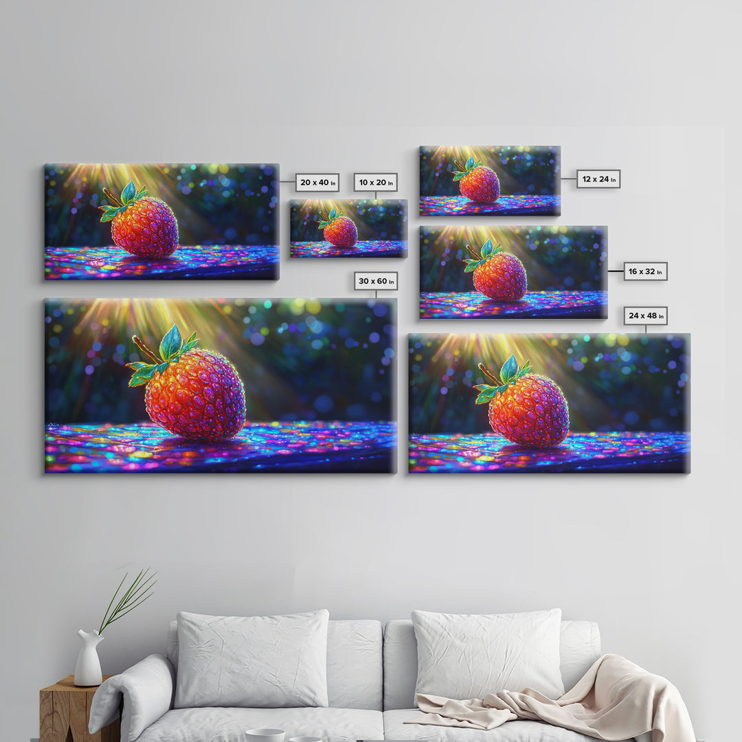 Glowing Strawberry Under Sunbeams Canvas Print, Colorful Fruit Wall Art, Whimsical Kitchen Decor And Food Lover Gift Idea