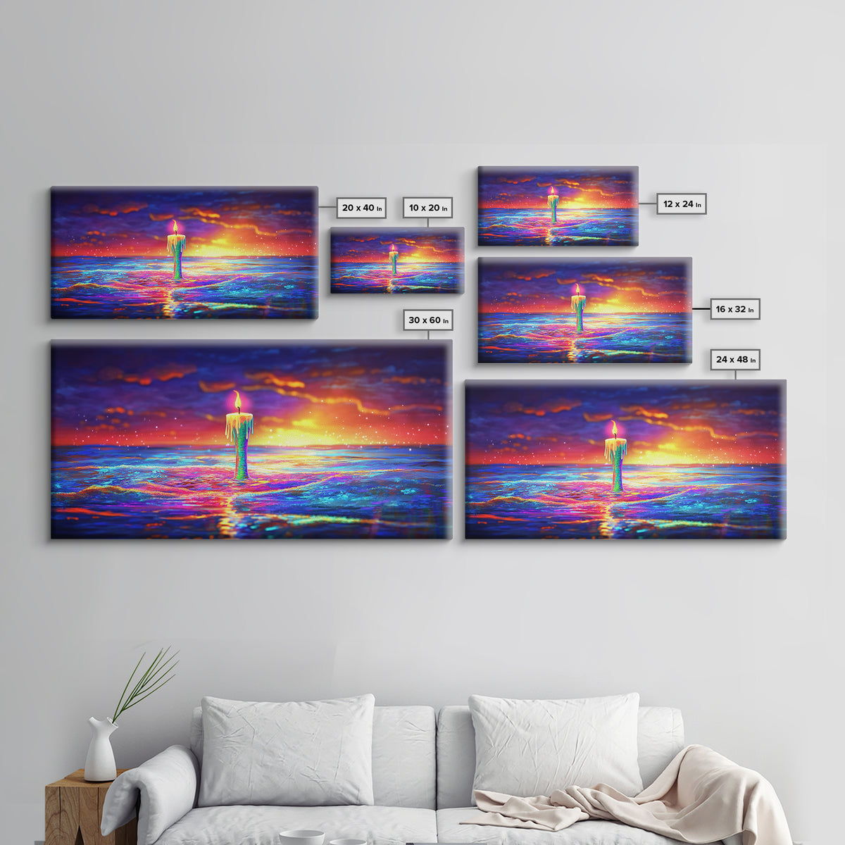 Tall Candle Burning Over Sunset Sea Wall Art, Colorful Seascape Canvas, Coastal Meditation Home Decor And Serene Ocean Print