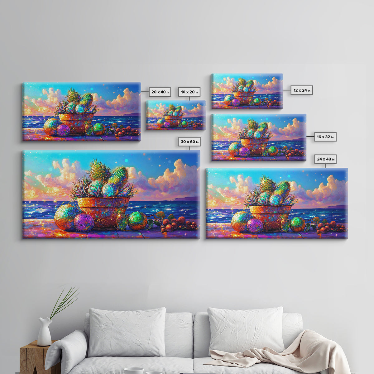 Prickly Pear Cactus Basket Wall Art, Coastal Tropical Still Life, Beach House Decor, Colorful Fruit Print, Summer Canvas