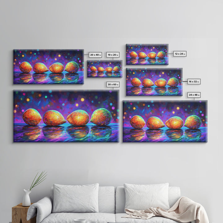 Four Bright Mangoes Wall Art, Colorful Fruit Still Life, Modern Kitchen Decor, Tropical Art Print, Vibrant Dining Room Canvas