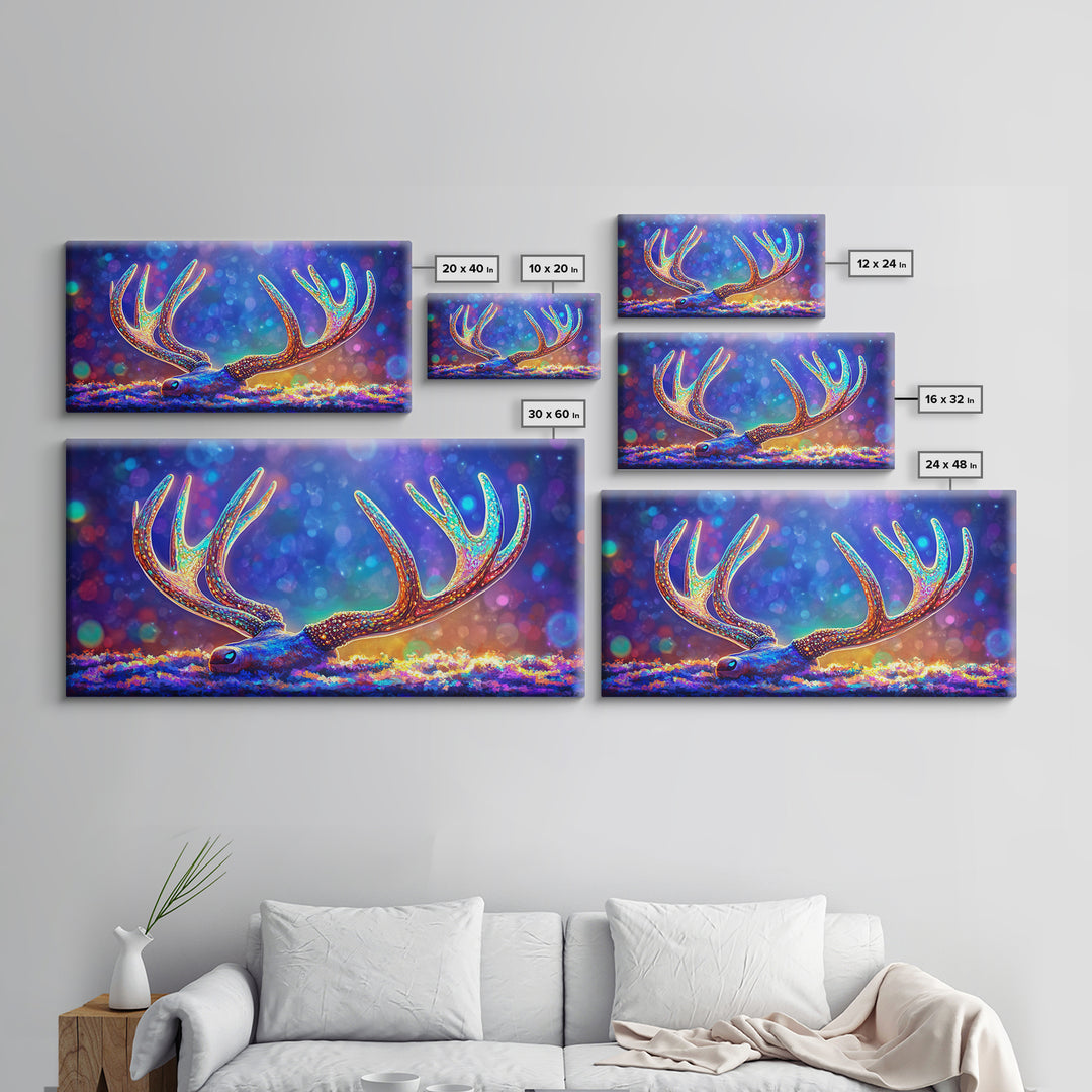 Glowing Deer Antlers Wall Art, Surreal Wildlife Print, Colorful Nature Decor, Rustic Cabin Gift, Whimsical Animal Canvas