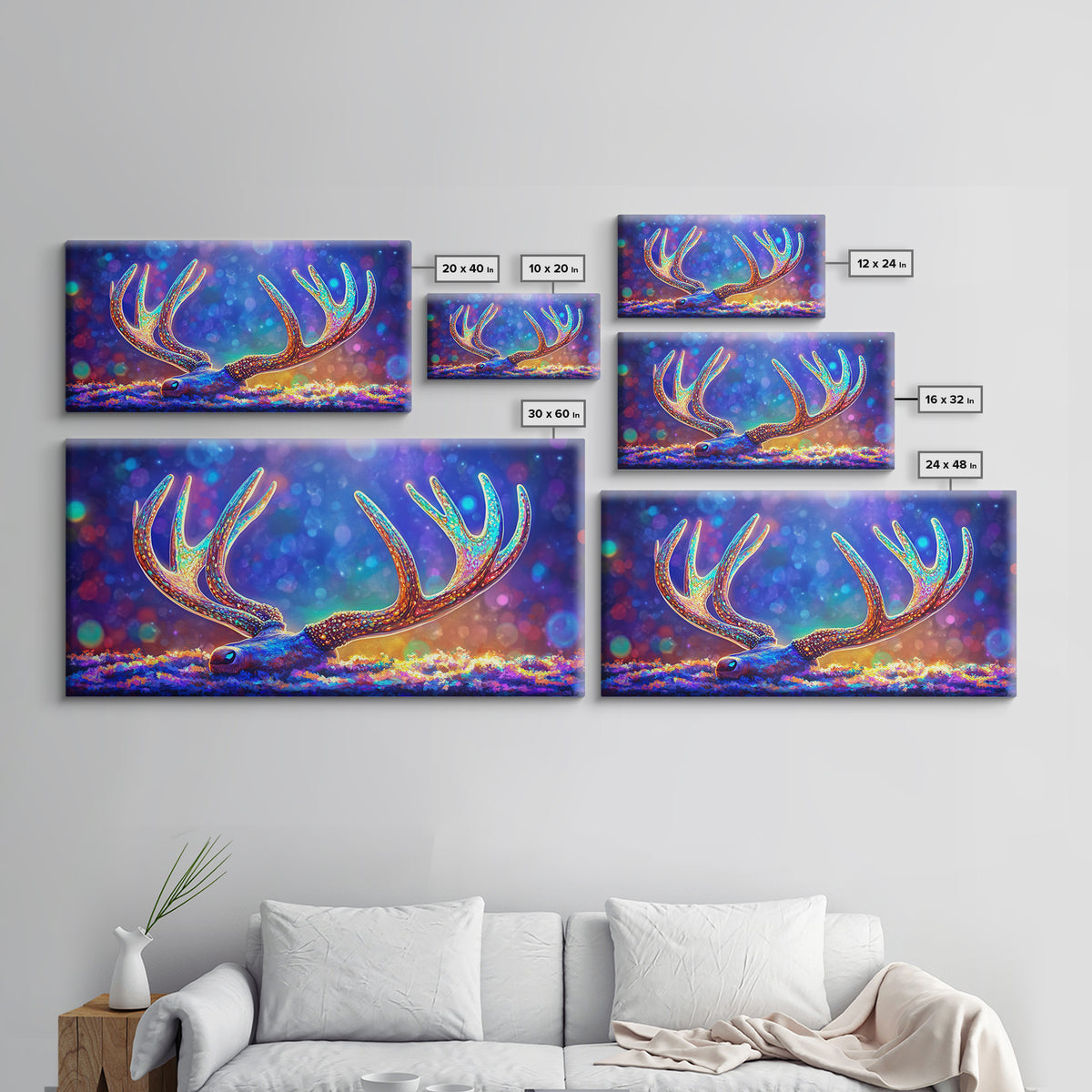 Glowing Deer Antlers Wall Art, Surreal Wildlife Print, Colorful Nature Decor, Rustic Cabin Gift, Whimsical Animal Canvas