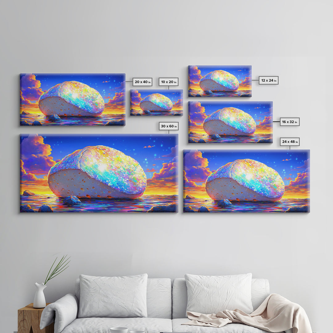 Glowing Rainbow Sea Stone At Sunset Wall Art, Colorful Coastal Canvas, Surreal Beach Decor, Ocean Landscape Living Room Print