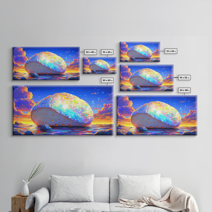 Glowing Rainbow Sea Stone At Sunset Wall Art, Colorful Coastal Canvas, Surreal Beach Decor, Ocean Landscape Living Room Print