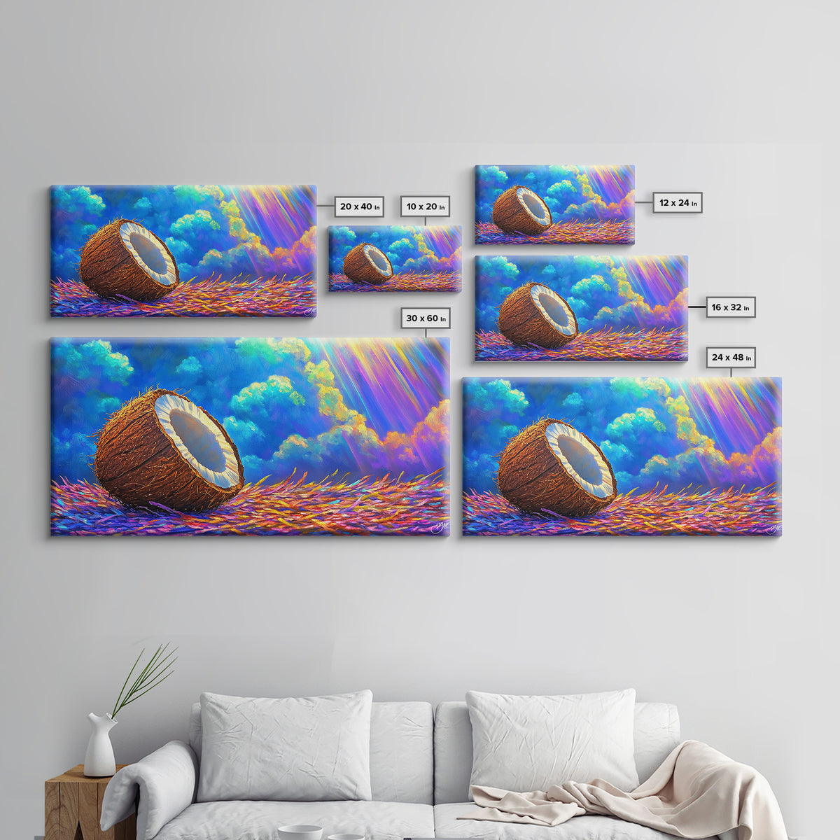 Sunlit Coconut On Tropical Straw Canvas Print, Beach House Wall Art, Coastal Decor, Vibrant Ocean Wall Decor Gift For Summer Home Decor