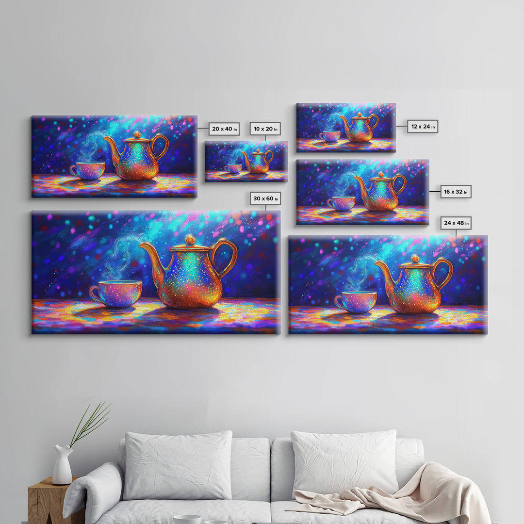 Iridescent Teapot And Teacup Still Life Canvas Print, Colorful Kitchen Wall Art, Tea Lover Gift, Modern Home Decor, Dining Room Print