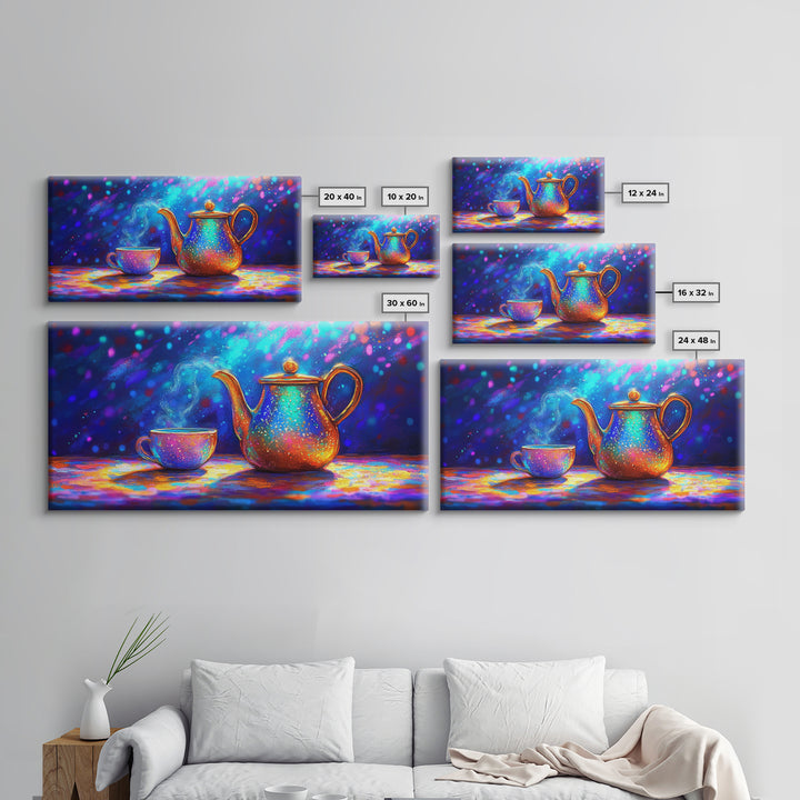 Iridescent Teapot And Teacup Still Life Canvas Print, Colorful Kitchen Wall Art, Tea Lover Gift, Modern Home Decor, Dining Room Print