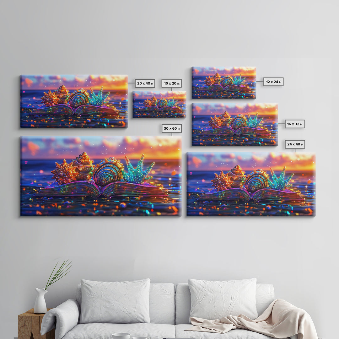 Glowing Seashells On Open Book Framed Canvas Print, Coastal Wall Art, Beach House Decor, Ocean Lover Gift For Her, Nautical Home Decor