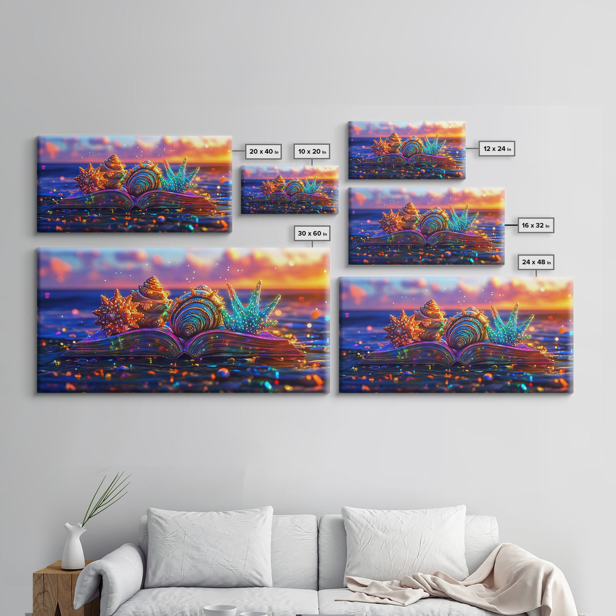 Glowing Seashells On Open Book Framed Canvas Print, Coastal Wall Art, Beach House Decor, Ocean Lover Gift For Her, Nautical Home Decor