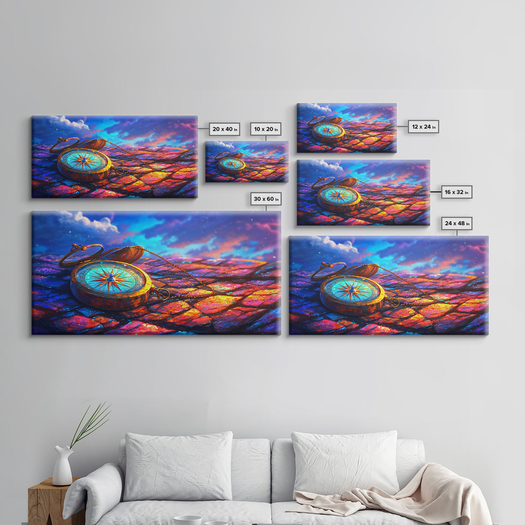 Antique Compass On Rainbow Cobblestones Canvas Print, Travel Wall Art, Wanderlust Decor, Nautical Office Decor Gift For Him