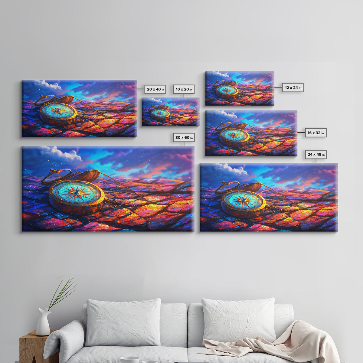 Antique Compass On Rainbow Cobblestones Canvas Print, Travel Wall Art, Wanderlust Decor, Nautical Office Decor Gift For Him