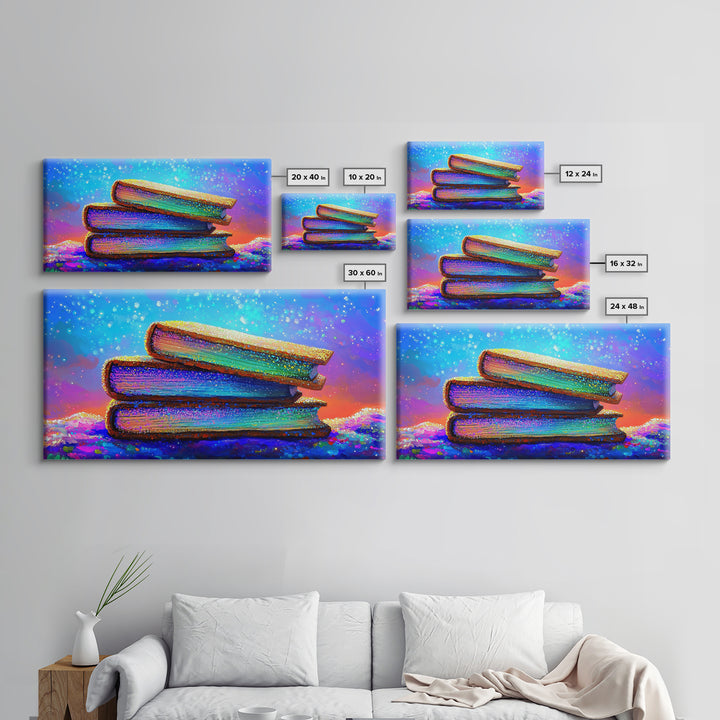 Stacked Rainbow Books Under Starry Sky Canvas Print, Book Lover Wall Art, Library Decor, Cozy Reading Nook Gift For Home Office Decor