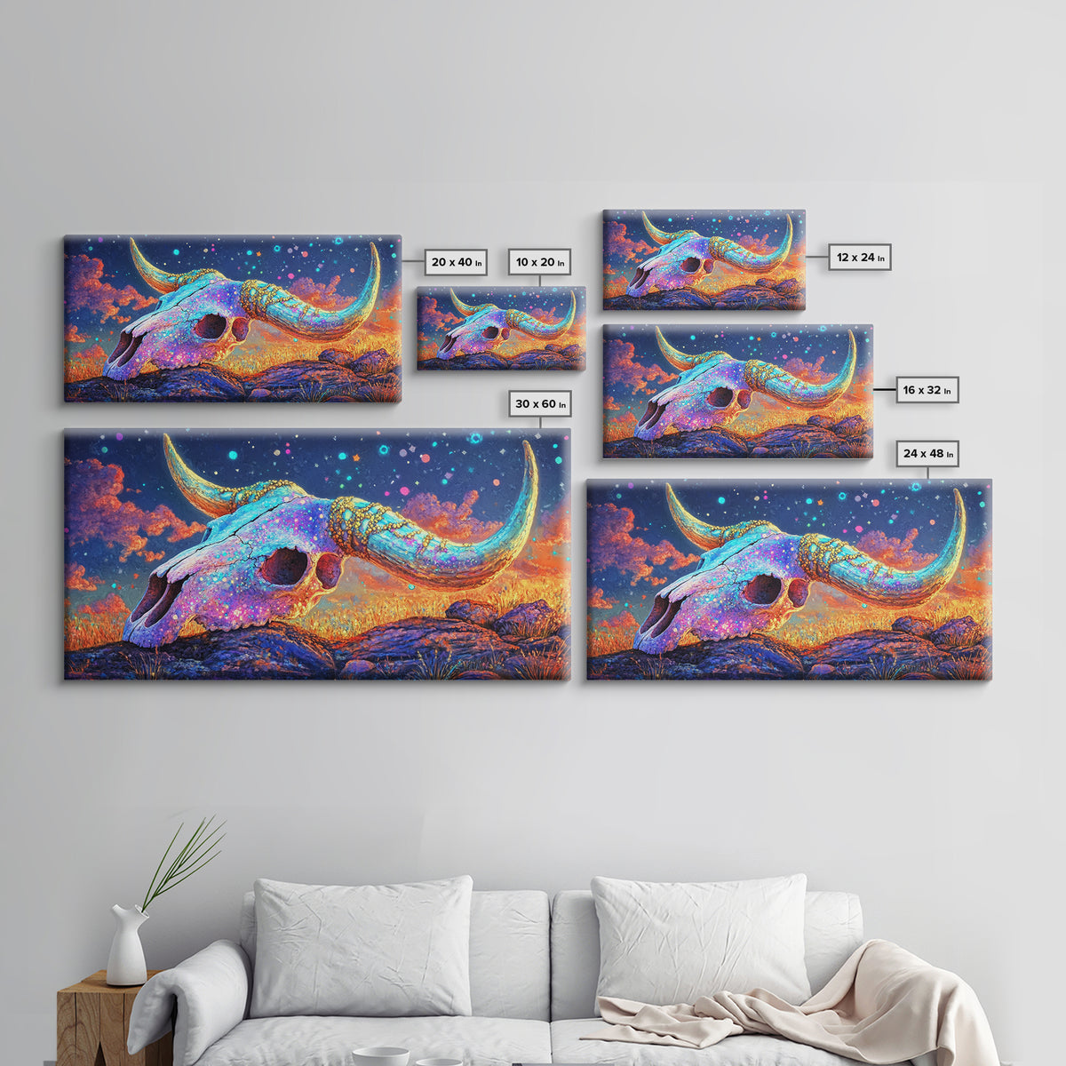 Iridescent Longhorn Skull Desert Sunset Wall Art, Western Decor, Cow Skull Canvas Print, Southwestern Home Decor Gift For Him