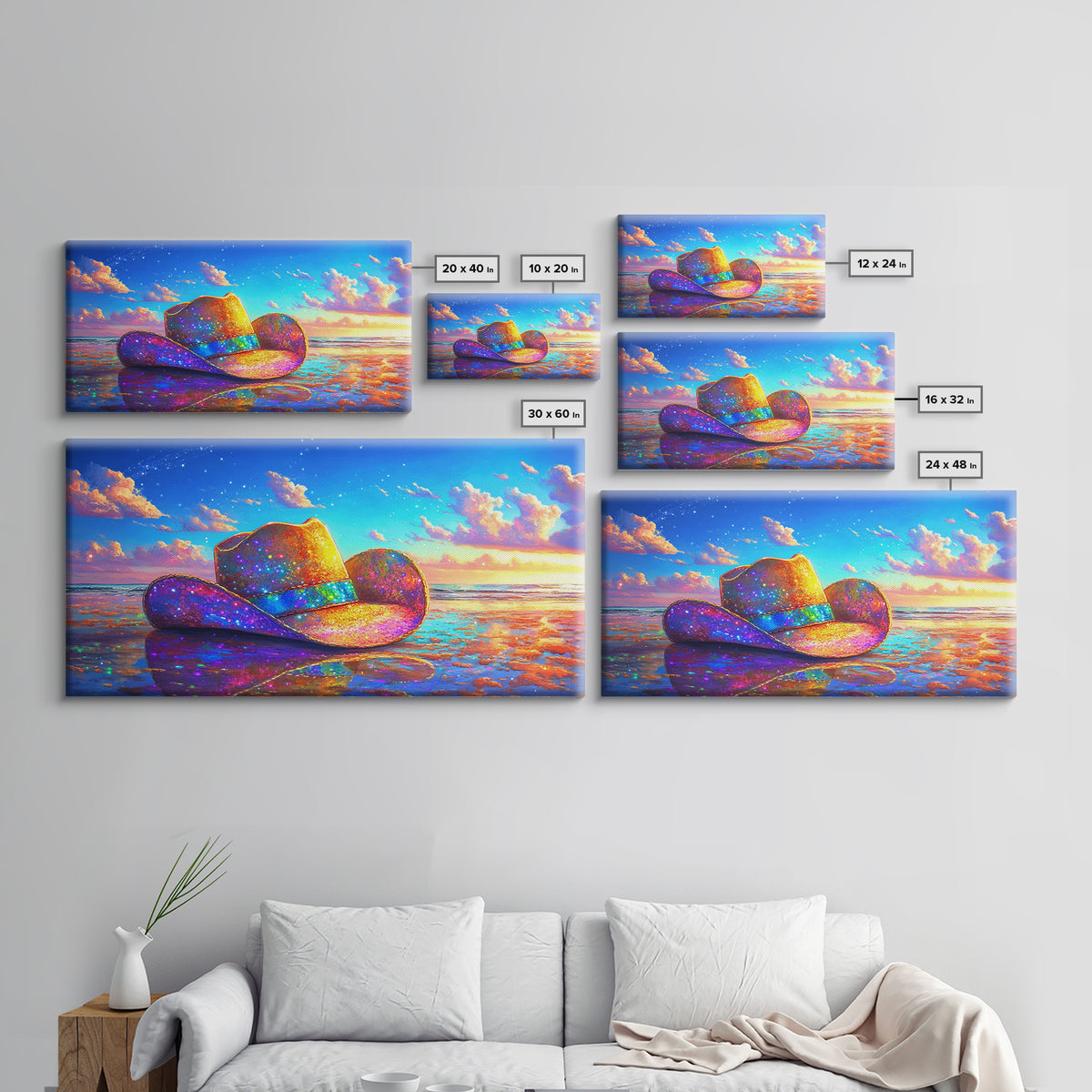 Sparkling Cowboy Hat On Sunset Beach Wall Art, Western Coastal Decor, Cowgirl Canvas Print, Beach House Gift For Her, Home Decor