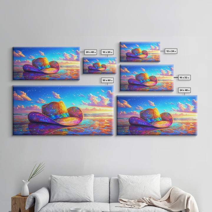 Sparkling Cowboy Hat On Sunset Beach Wall Art, Western Coastal Decor, Cowgirl Canvas Print, Beach House Gift For Her, Home Decor
