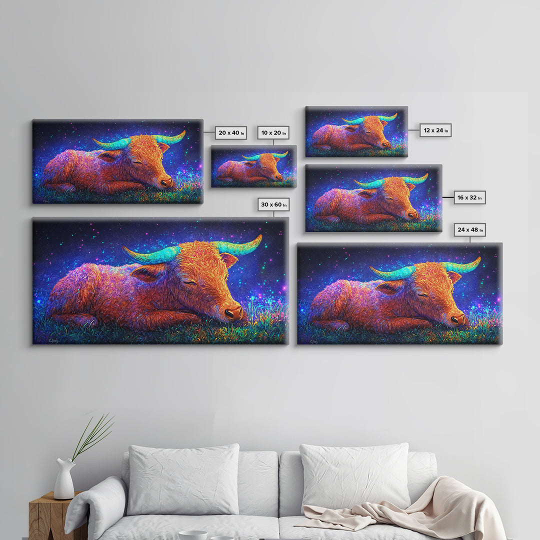 Sleeping Longhorn Cow Under Starry Sky Wall Art, Western Animal Canvas Print, Rustic Farmhouse Decor, Gift For Him, Home Decor