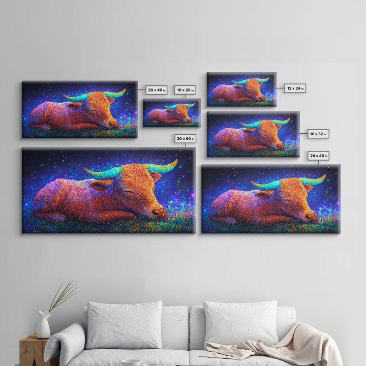 Sleeping Longhorn Cow Under Starry Sky Wall Art, Western Animal Canvas Print, Rustic Farmhouse Decor, Gift For Him, Home Decor