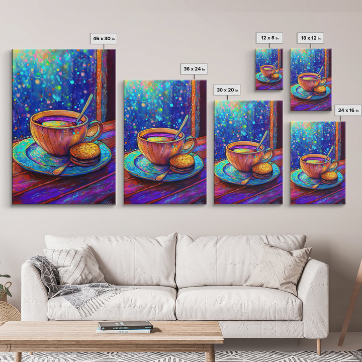 Cozy Tea Cup And Cookie Canvas Print, Coffee Shop Wall Art, Cafe Decor, Kitchen Wall Decor, Whimsical Foodie Gift For Dining Room Prints