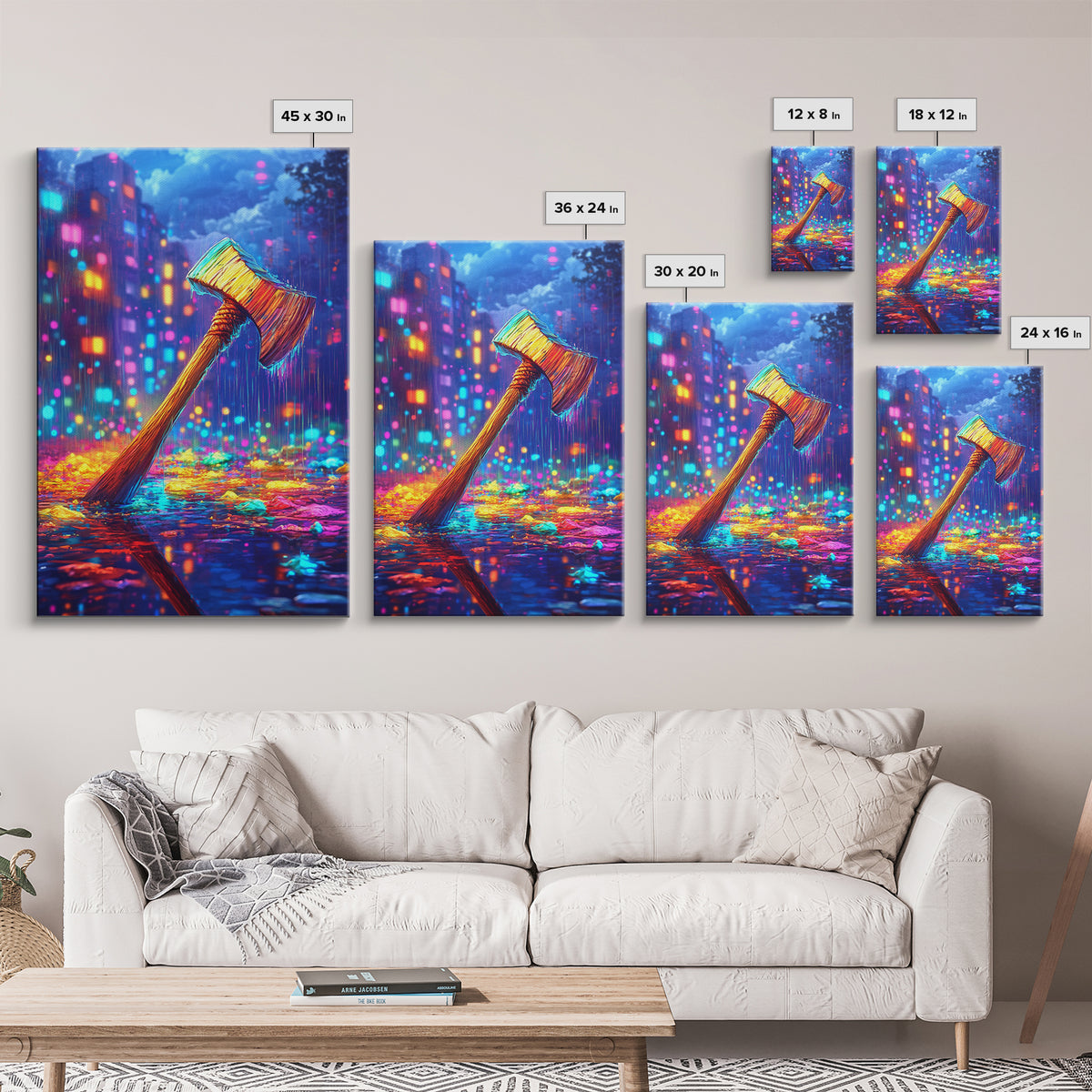 Neon Axe In Rainy City Framed Canvas Print, Cyberpunk Wall Art, Dystopian Decor, Gamer Room Art, Unique Gift For Him, Home Decor