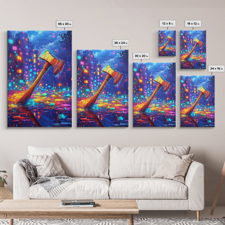 Neon Axe In Rainy City Framed Canvas Print, Cyberpunk Wall Art, Dystopian Decor, Gamer Room Art, Unique Gift For Him, Home Decor