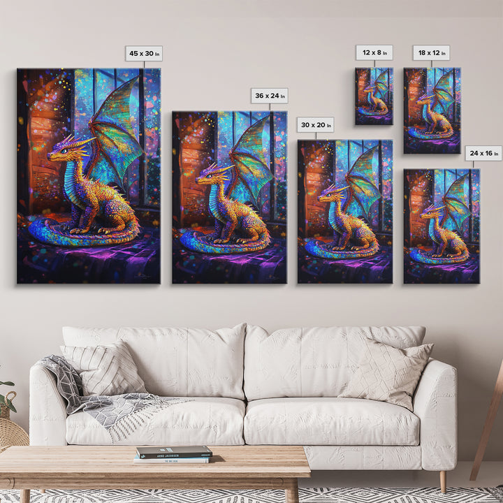 Iridescent Baby Dragon On Windowsill Wall Art, Fantasy Art, Whimsical Decor, Kids Room Art, Dragon Gift, Framed Canvas Print