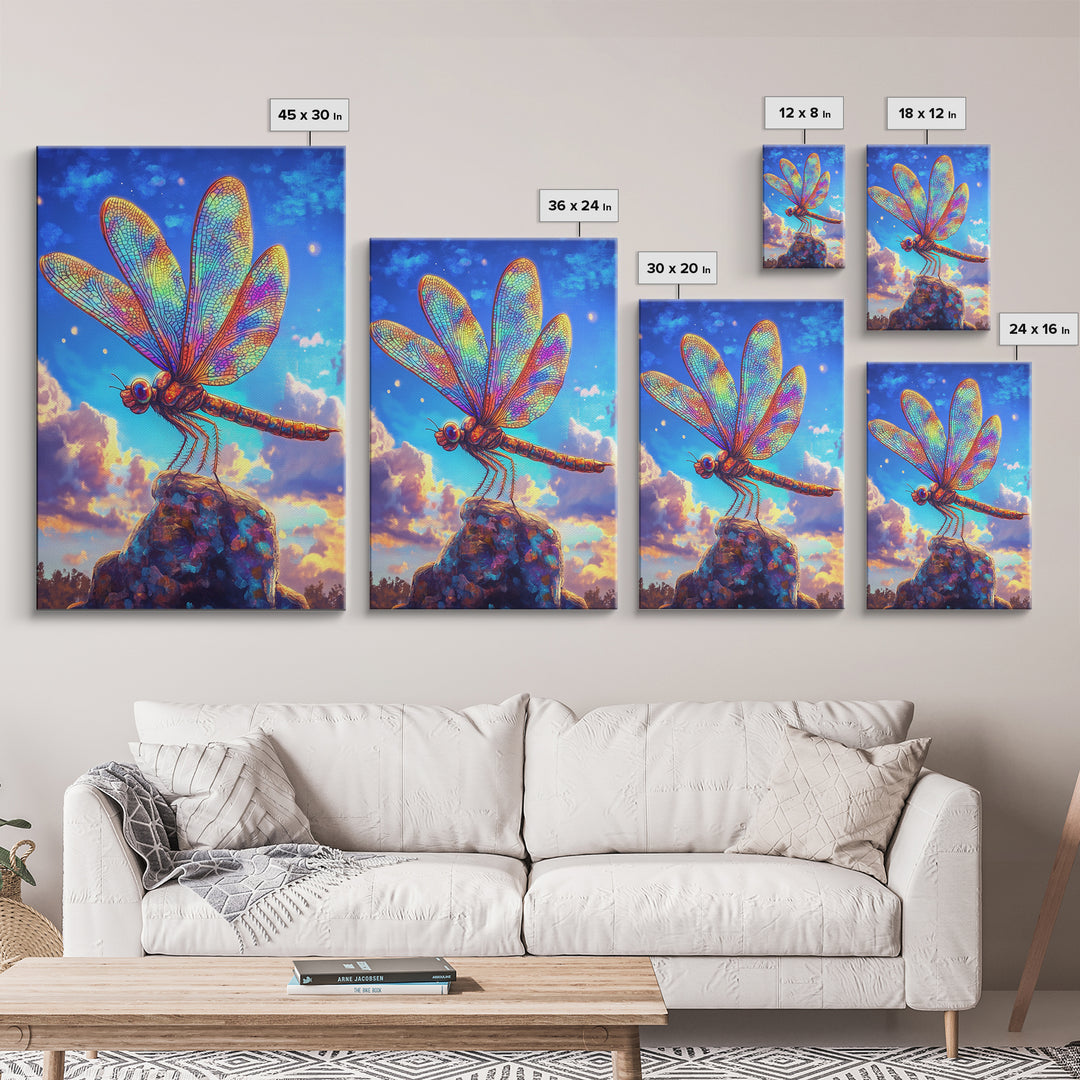 Stained Glass Dragonfly On Rock Canvas Print, Colorful Wildlife Art, Nature Wall Art, Whimsical Decor, Nature Lover Gift