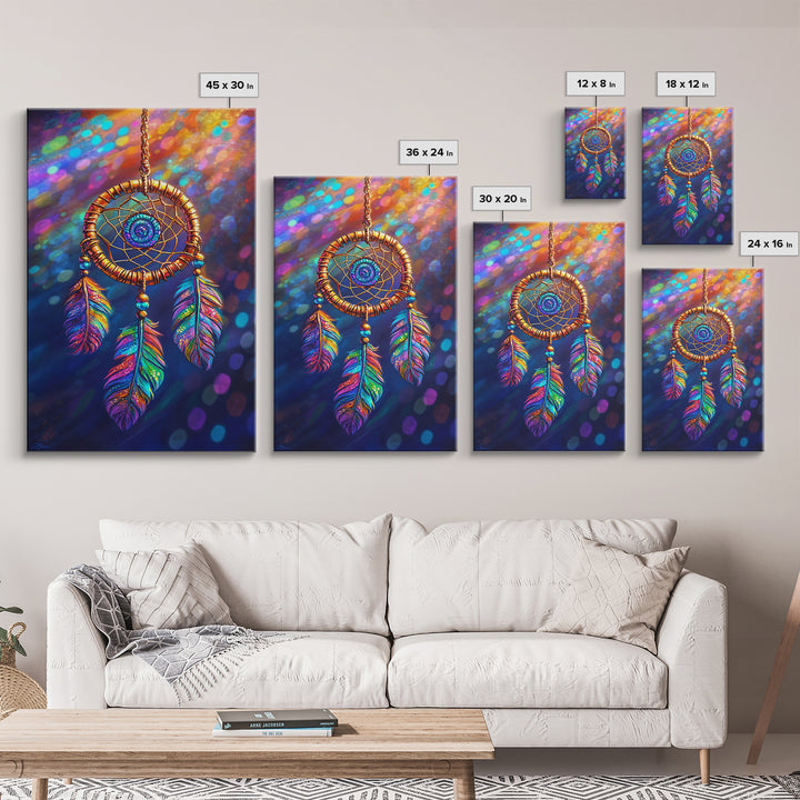Rainbow Feather Dreamcatcher Wall Art, Boho Wall Decor, Spiritual Art, Celestial Decor, Whimsical Gift, Framed Canvas Print
